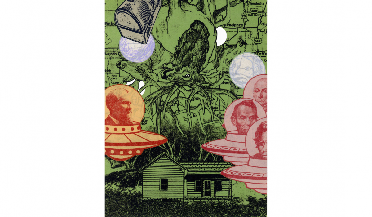 Norman Akers, Inverted Home, 2022. Monoprint and chine collé on paper, 10 1/16 x 7 5/8 in. Weatherspoon Art Museum. Purchase with funds from the Warren Brandt Acquisition Endowment for the Dillard Collection; 2024.12.3 © Norman Akers, photograph courtesy of the artist