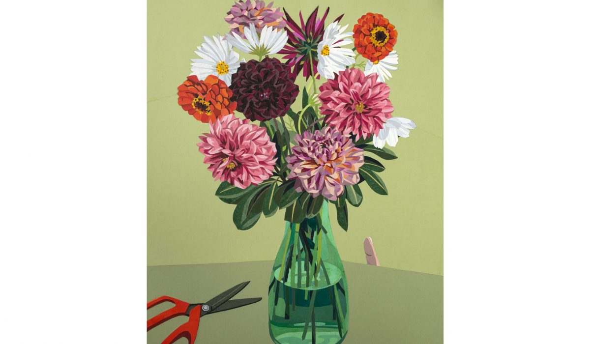 Kirk Fanelly, I Had Not Seen Lindsey & Derek for Two Years, and I Painted Their Flowers (with the shears that almost cut off Lindsey's finger), 2021. Inlaid cut paper on panel, 40 x 30 in. Courtesy of a private collection. © Kirk Fanelly