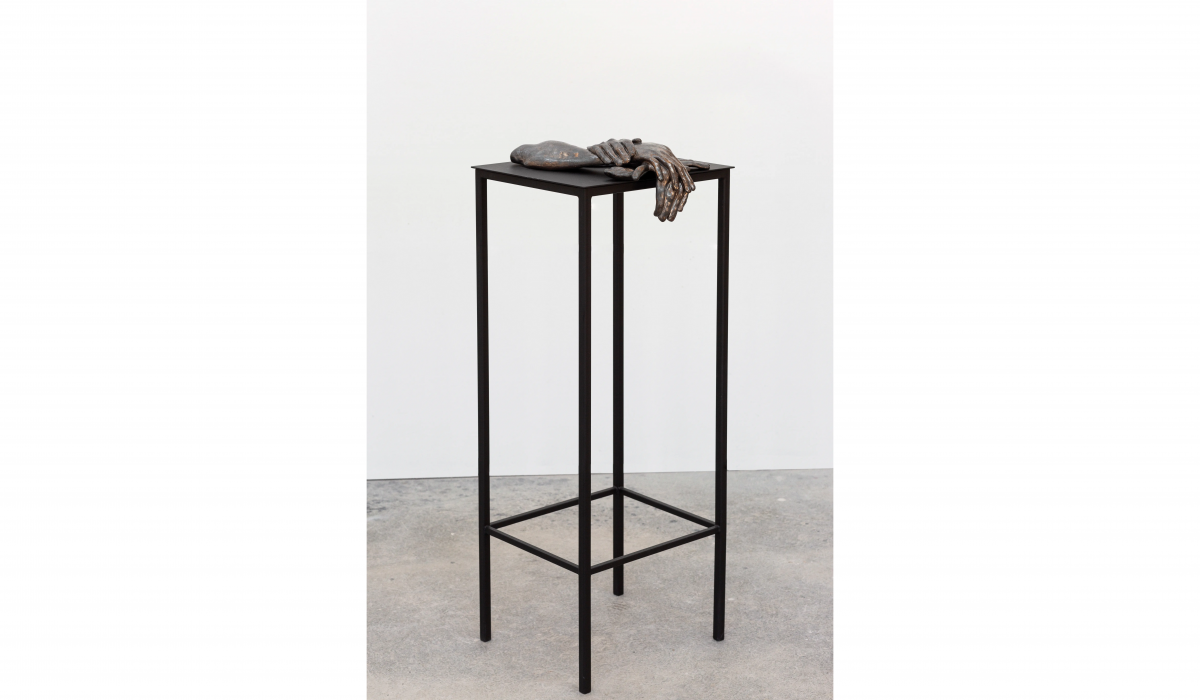 Leslie Fry, Release, from the series Holding On, 2025. Ceramic with glaze on painted steel base, 43 x 21 x 14 in. Weatherspoon Art Museum. Gift of the artist; 2026.4ab © Leslie Fry, photograph by Lindsay Raymondjack, courtesy of the artist