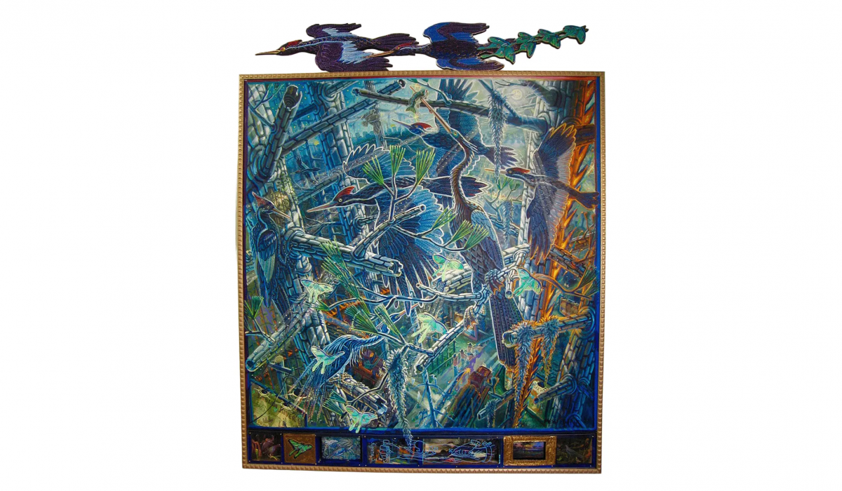 Mark Messersmith, Lost Ghosts, 2022. Oil on canvas with carved wooden parts and mixed media predella boxes, 82 x 66 in. Weatherspoon Art Museum. Gift of the artist; 2025.14ab © Mark Messersmith, photograph courtesy of the artist
