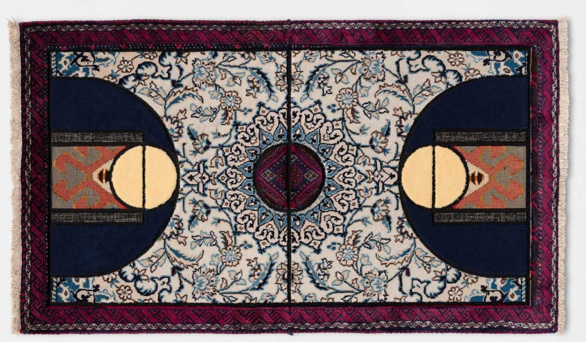 Nevin Aladağ, Pattern Matching (purple-blue), 2016. Collage with carpets of different origin, 130 x 78 x 5 in. Courtesy of the artist and Wentrup Gallery, Berlin. © Nevin Aladag, photo courtesy of Trevor Good